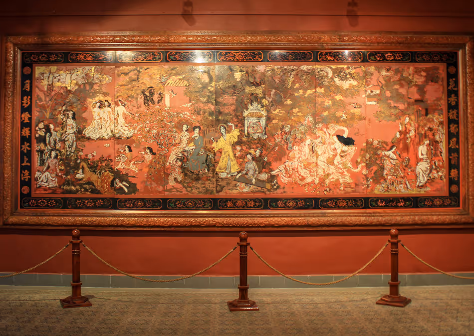 Lacquer painting "Vườn xuân Trung Nam Bắc"  by Artist Nguyen Gia Tri  (1908-1993) in Fine Arts Museum Ho Chi Minh city